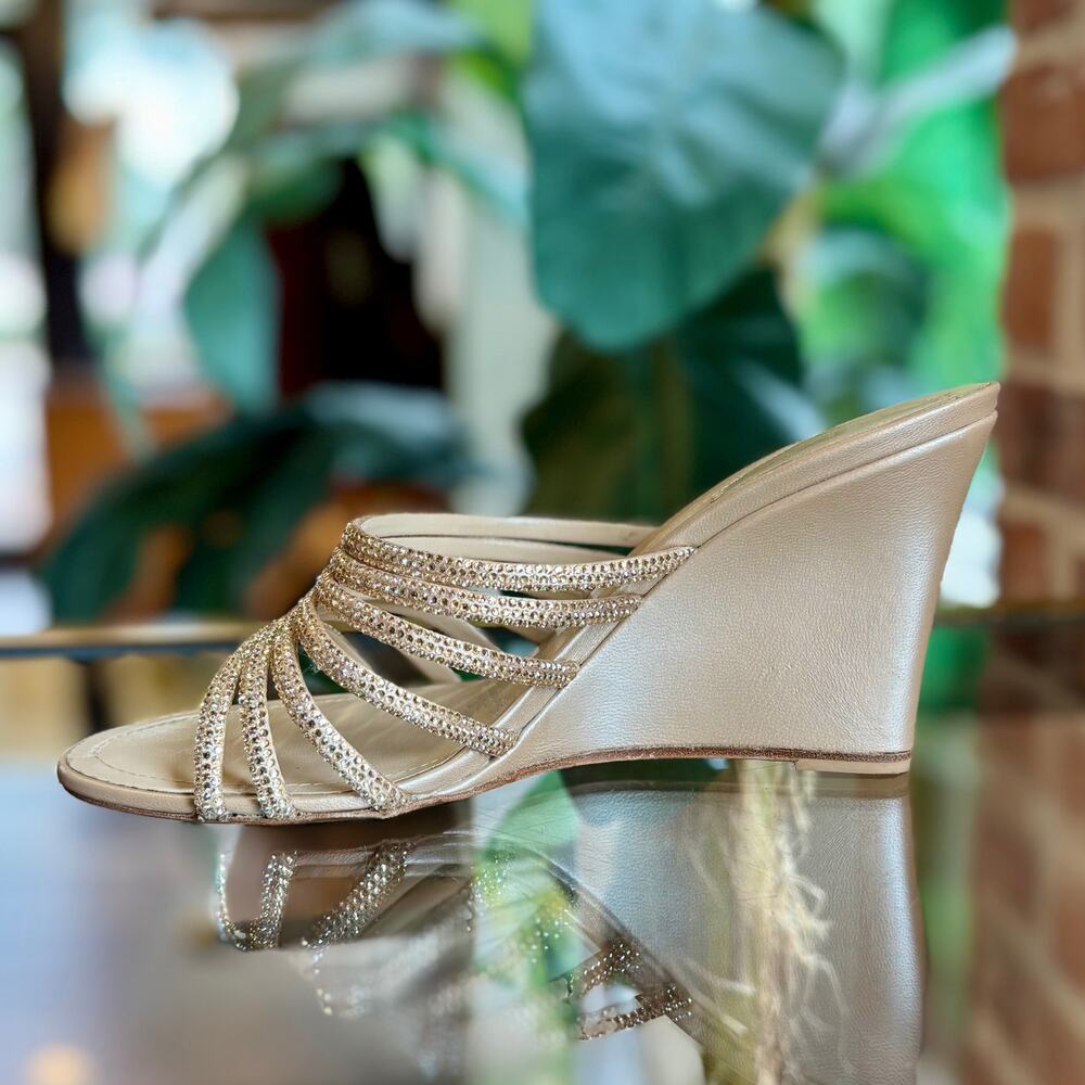 RENE CAOVILLA Satin Strappy Crystal Wedges SZ 38